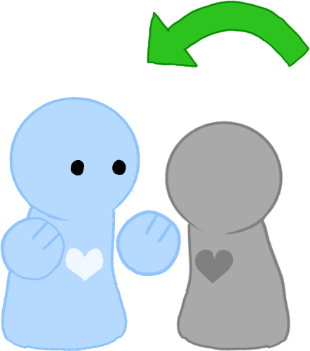 a small pastel blue simplified character with a light blue heart in the center they have both hands out, there is  grey figure next to it, there is a green arrow pointing to the blue figure.